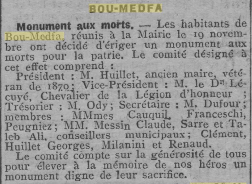 Article de L'Écho d'Alger pour ériger un monument aux morts à Bou-Medfa